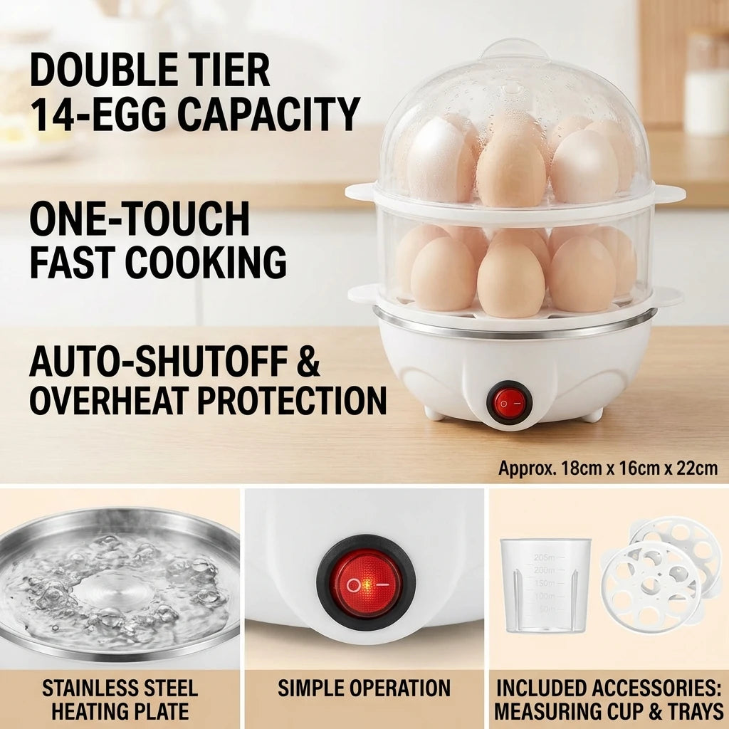 Double-Tier Electric Egg Cooker — 14-Egg Capacity Steamer & Poacher for Perfect Breakfast Every Time